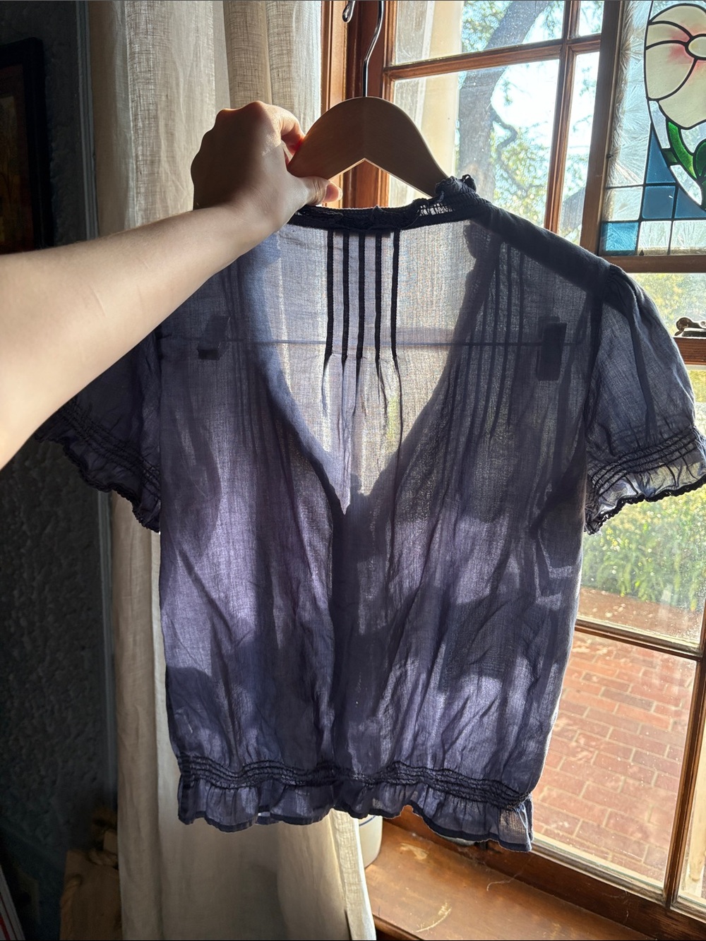 Women's 100% Cotton Blue Ruffle-Trim Button Front Top - Picture 7 of 7